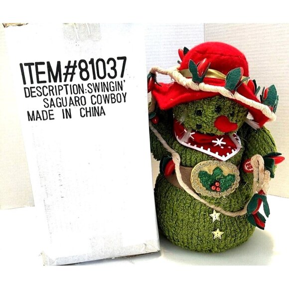 Green Animated Swinging Saguaro Cactus Cowboy Snowman Holiday Musical Christmas - Picture 2 of 11
